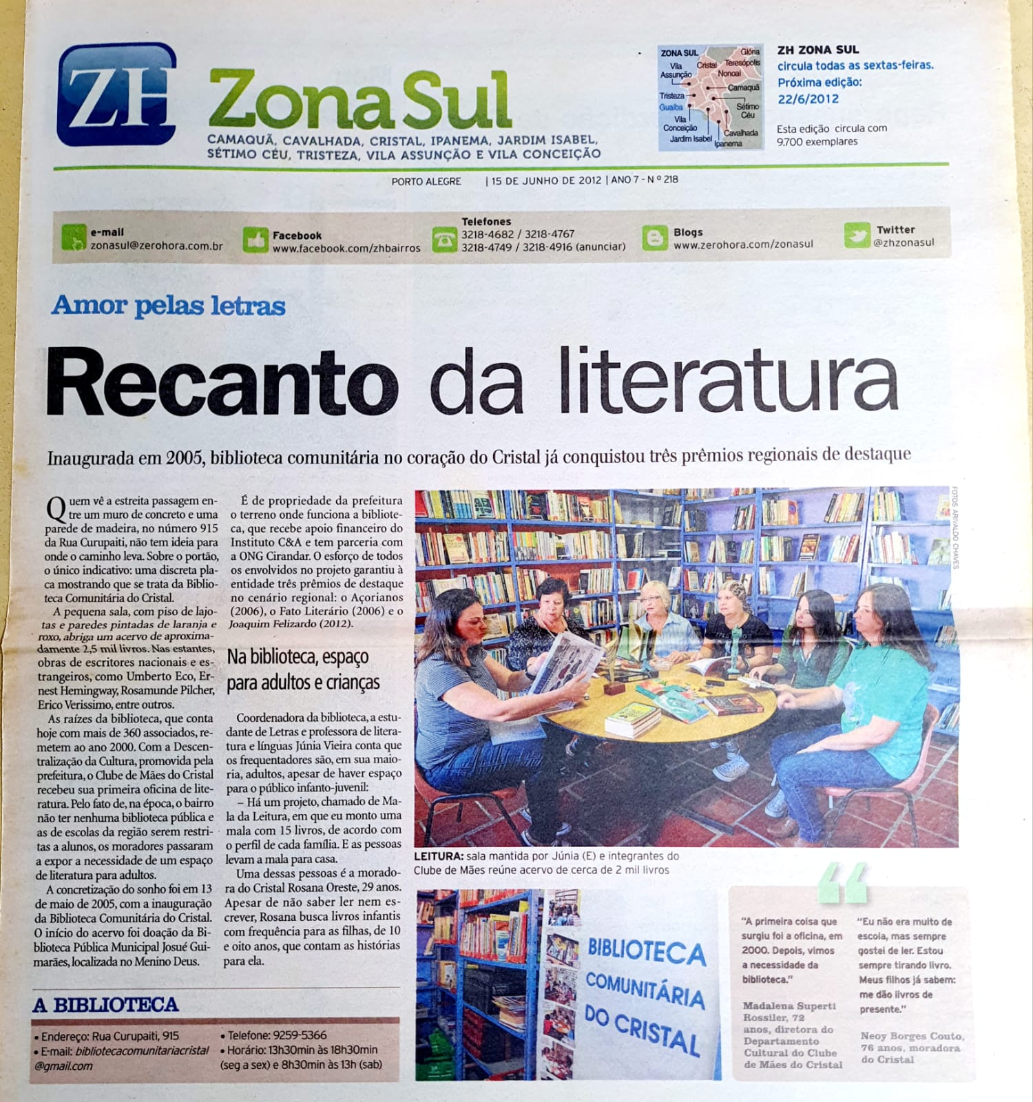 Recorte de jornal destacando a Biblioteca Comunitária do Cristal e seu impacto cultural
